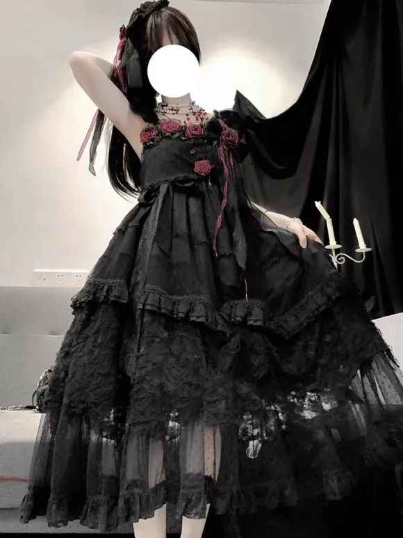Robe longue Lolita gothique noire JSK à fleurs et dentelle à volants