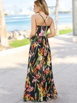 Robe longue maxi à imprimé floral tropical pour femme - Robe d'été dos nu à col en V et imprimé feuilles - Vacances d'été à la plage 2026