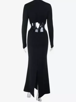 Robe longue maxi à volants et col en V pour femme - Robe moulante noire élégante dos nu découpée - Robe de soirée printemps 2026