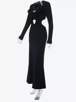 Robe longue maxi à volants et col en V pour femme - Robe moulante noire élégante dos nu découpée - Robe de soirée printemps 2026