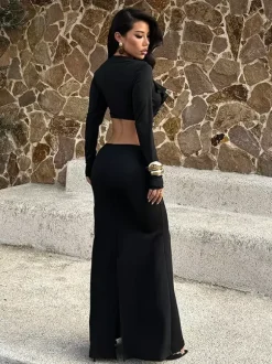Robe longue maxi à volants et col en V pour femme - Robe moulante noire élégante dos nu découpée - Robe de soirée printemps 2026