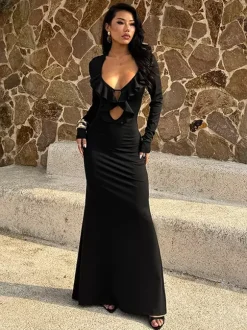 Robe longue maxi à volants et col en V pour femme - Robe moulante noire élégante dos nu découpée - Robe de soirée printemps 2026