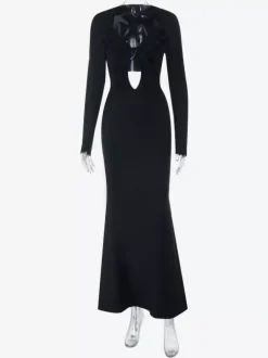 Robe longue maxi à volants et col en V pour femme - Robe moulante noire élégante dos nu découpée - Robe de soirée printemps 2026