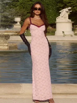 Robe longue maxi en dentelle florale pour femme - Nuisette Coquette Aesthetic - Robe longue romantique d'été 2026