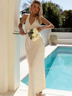 Robe longue maxi minimaliste dos nu à col V profond pour femme - Robe longue sans manches - Soirée cocktail d'été 2026