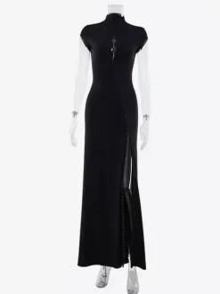 Robe longue moulante à col montant et fente haute pour femme 2026