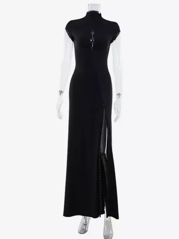 Robe longue moulante à col montant et fente haute pour femme 2026