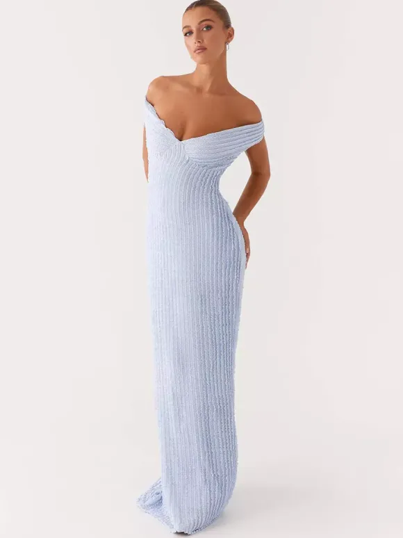 Robe longue moulante à épaules dénudées pour femme - Robe sirène texturée dos nu - Idéale pour une soirée d'été ou un mariage (collection 2026)