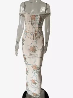Robe longue moulante vintage à corset imprimé floral et bordure en dentelle pour femme 2026