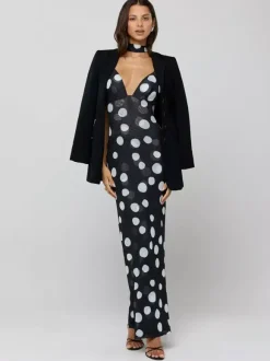 Robe longue nuisette à pois pour femme - Robe moulante vintage dos nu à décolleté plongeant et foulard - Soirée d'été 2026