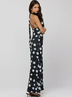 Robe longue nuisette à pois pour femme - Robe moulante vintage dos nu à décolleté plongeant et foulard - Soirée d'été 2026