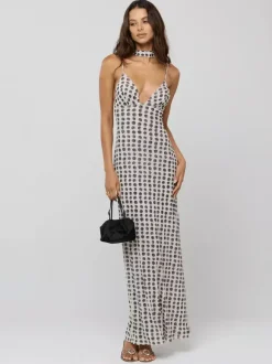 Robe longue nuisette à pois pour femme - Robe moulante vintage dos nu à décolleté plongeant et foulard - Soirée d'été 2026