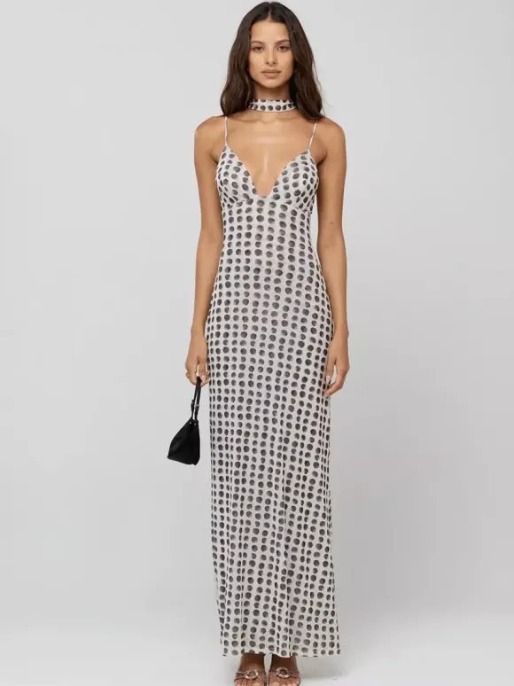 Robe longue nuisette à pois pour femme - Robe moulante vintage dos nu à décolleté plongeant et foulard - Soirée d'été 2026