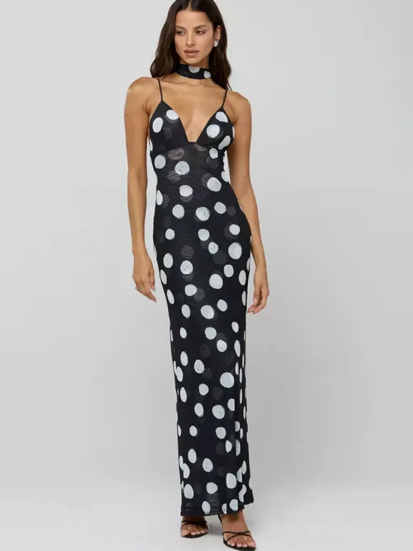 Robe longue nuisette à pois pour femme - Robe moulante vintage dos nu à décolleté plongeant et foulard - Soirée d'été 2026