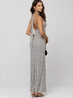 Robe longue nuisette à pois pour femme - Robe moulante vintage dos nu à décolleté plongeant et foulard - Soirée d'été 2026