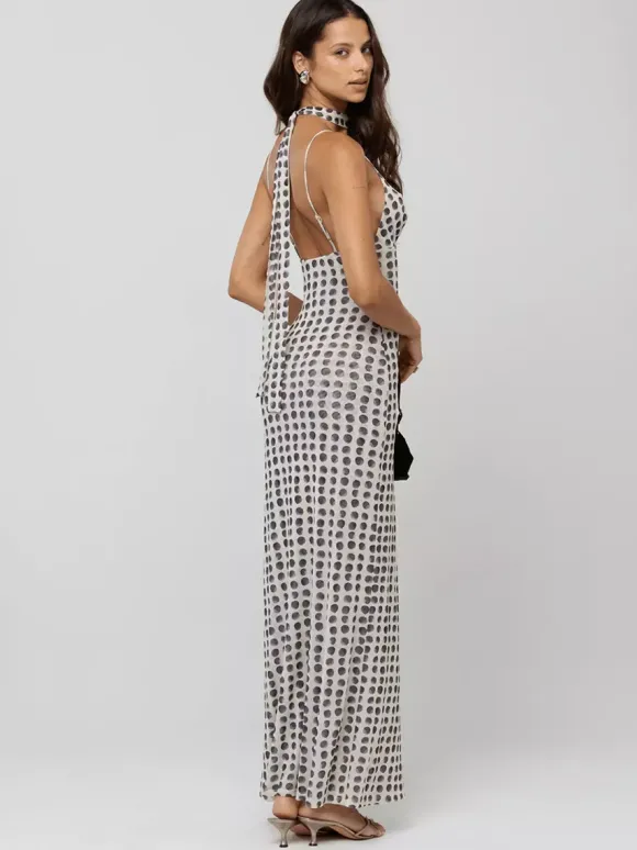 Robe longue nuisette à pois pour femme - Robe moulante vintage dos nu à décolleté plongeant et foulard - Soirée d'été 2026