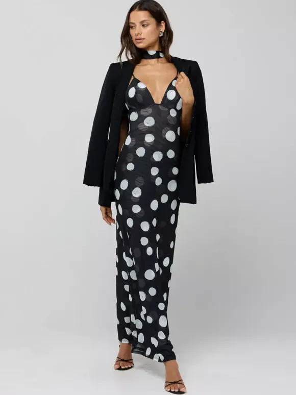 Robe longue nuisette à pois pour femme - Robe moulante vintage dos nu à décolleté plongeant et foulard - Soirée d'été 2026