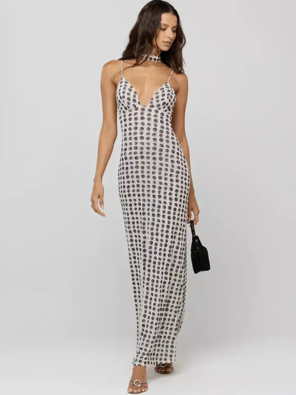 Robe longue nuisette à pois pour femme - Robe moulante vintage dos nu à décolleté plongeant et foulard - Soirée d'été 2026