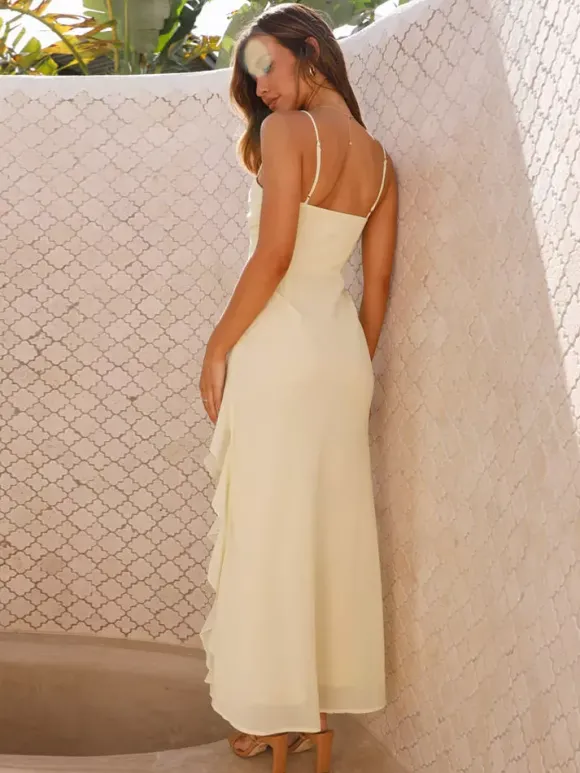Robe longue nuisette à volants et fente latérale pour femme - Élégante robe de bal dos nu et fluide - Invitée à un mariage d'été 2026