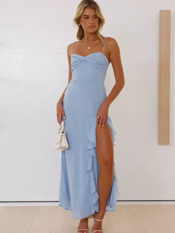 Robe longue nuisette à volants et fente latérale pour femme - Élégante robe de bal dos nu et fluide - Invitée à un mariage d'été 2026