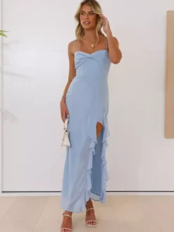 Robe longue nuisette à volants et fente latérale pour femme - Élégante robe de bal dos nu et fluide - Invitée à un mariage d'été 2026
