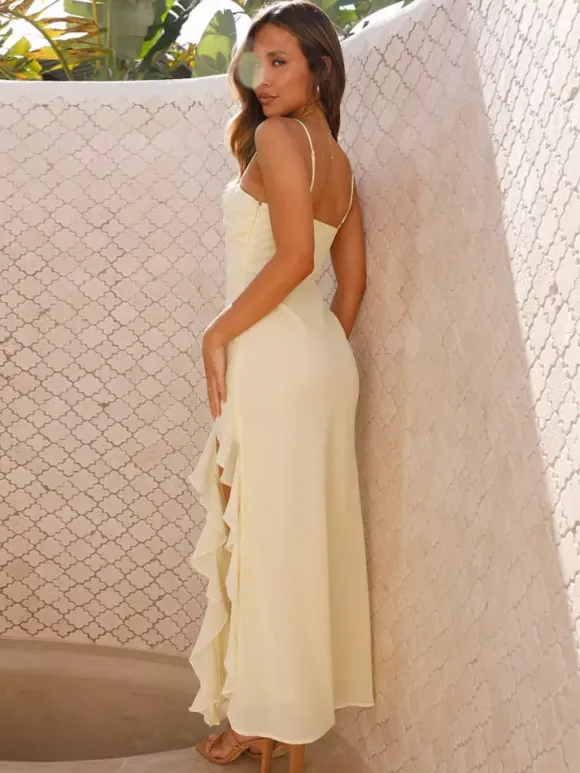 Robe longue nuisette à volants et fente latérale pour femme - Élégante robe de bal dos nu et fluide - Invitée à un mariage d'été 2026