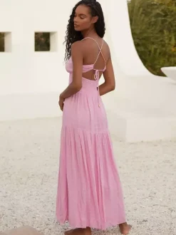 Robe longue nuisette dos nu smockée pour femme - Robe d'été bohème fendue sur le devant - Idéale pour les vacances d'été à la plage 2026