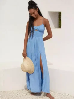 Robe longue nuisette dos nu smockée pour femme - Robe d'été bohème fendue sur le devant - Idéale pour les vacances d'été à la plage 2026