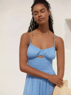 Robe longue nuisette dos nu smockée pour femme - Robe d'été bohème fendue sur le devant - Idéale pour les vacances d'été à la plage 2026