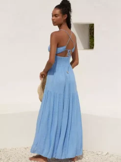 Robe longue nuisette dos nu smockée pour femme - Robe d'été bohème fendue sur le devant - Idéale pour les vacances d'été à la plage 2026