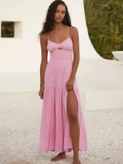 Robe longue nuisette dos nu smockée pour femme - Robe d'été bohème fendue sur le devant - Idéale pour les vacances d'été à la plage 2026