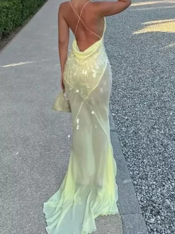 Robe longue nuisette transparente à sequins pour femme - Jaune beurre style bohème dos nu col en V coupe sirène - Été plage 2026