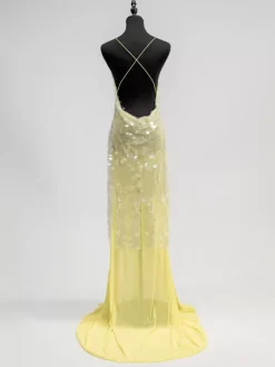 Robe longue nuisette transparente à sequins pour femme - Jaune beurre style bohème dos nu col en V coupe sirène - Été plage 2026