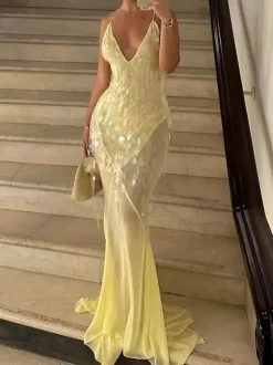 Robe longue nuisette transparente à sequins pour femme - Jaune beurre style bohème dos nu col en V coupe sirène - Été plage 2026