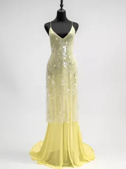 Robe longue nuisette transparente à sequins pour femme - Jaune beurre style bohème dos nu col en V coupe sirène - Été plage 2026
