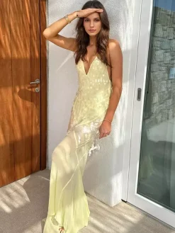 Robe longue nuisette transparente à sequins pour femme - Jaune beurre style bohème dos nu col en V coupe sirène - Été plage 2026