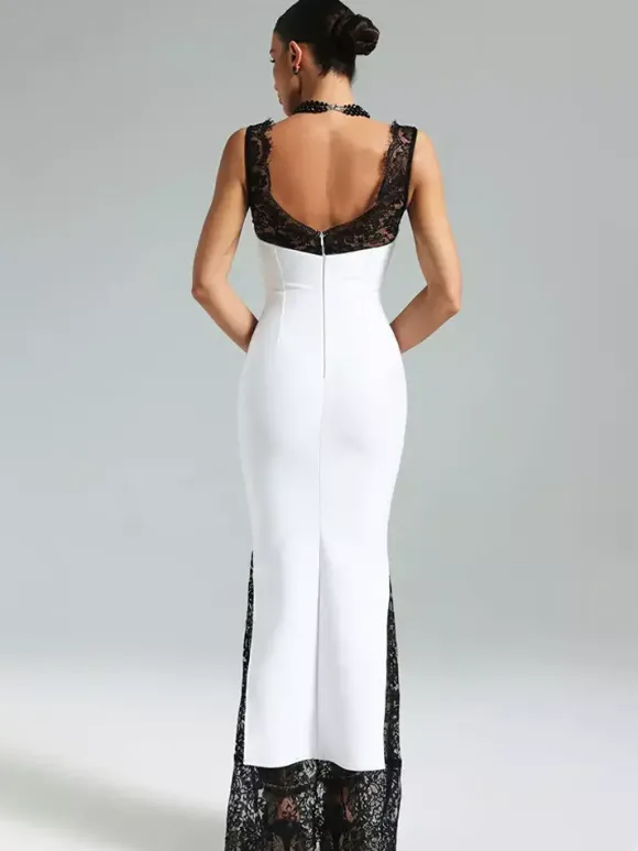 Robe longue patchwork en dentelle pour femme - Robe moulante sexy sans manches à col V - Tenue de soirée estivale 2026