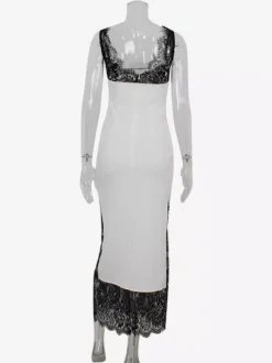 Robe longue patchwork en dentelle pour femme - Robe moulante sexy sans manches à col V - Tenue de soirée estivale 2026
