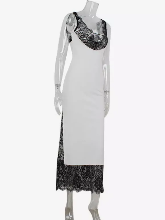 Robe longue patchwork en dentelle pour femme - Robe moulante sexy sans manches à col V - Tenue de soirée estivale 2026