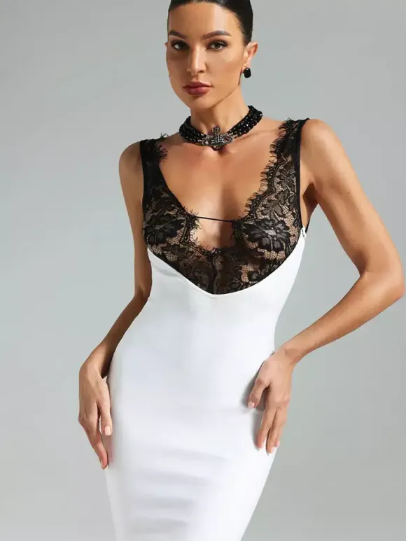 Robe longue patchwork en dentelle pour femme - Robe moulante sexy sans manches à col V - Tenue de soirée estivale 2026