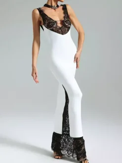 Robe longue patchwork en dentelle pour femme - Robe moulante sexy sans manches à col V - Tenue de soirée estivale 2026