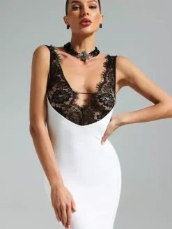 Robe longue patchwork en dentelle pour femme - Robe moulante sexy sans manches à col V - Tenue de soirée estivale 2026
