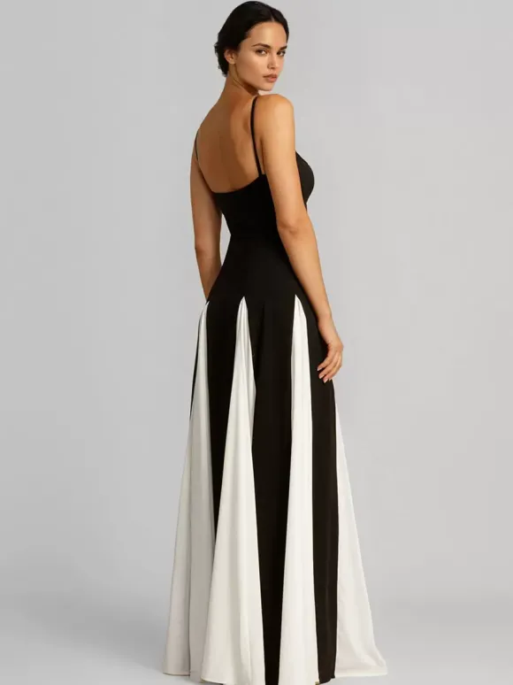 Robe longue plissée à bretelles spaghetti de couleur contrastée pour femmes 2026