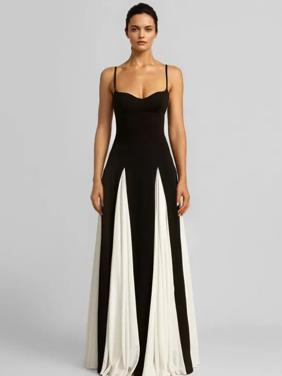 Robe longue plissée à bretelles spaghetti de couleur contrastée pour femmes 2026
