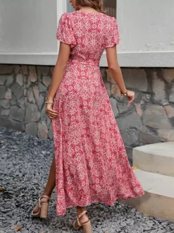 Robe longue portefeuille à manches courtes style bohème fleuri - Col en V ceinture coupe asymétrique fluide - Idéale pour les vacances d'été à la plage 2026