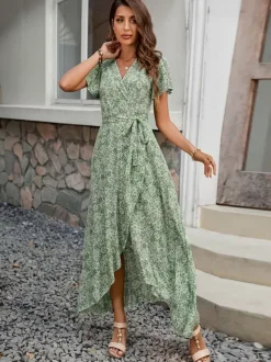 Robe longue portefeuille à manches courtes style bohème fleuri - Col en V ceinture coupe asymétrique fluide - Idéale pour les vacances d'été à la plage 2026