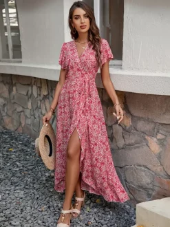 Robe longue portefeuille à manches courtes style bohème fleuri - Col en V ceinture coupe asymétrique fluide - Idéale pour les vacances d'été à la plage 2026