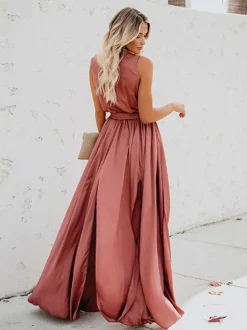 Robe longue portefeuille rose poudré pour femme - Élégante robe longue fendue sur la cuisse et décolleté en V - Tenue d'invitée pour un mariage d'été à la plage 2026