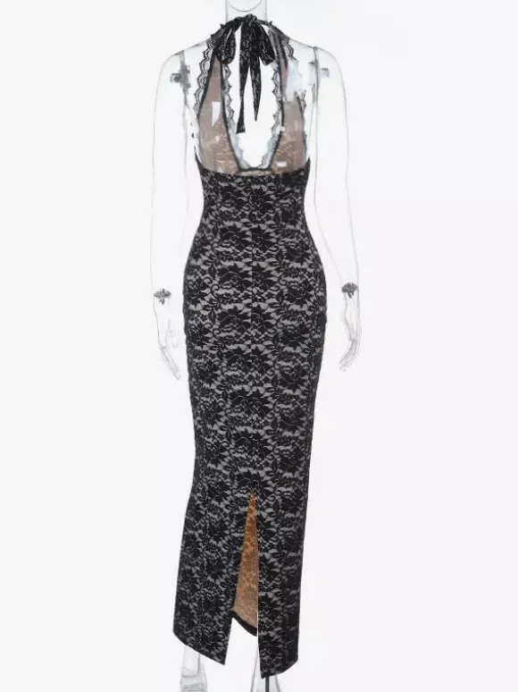 Robe longue pour femme en dentelle noire superposée - Robe dos nu à bretelles et doublure nude - Robe de soirée moulante et sexy 2026