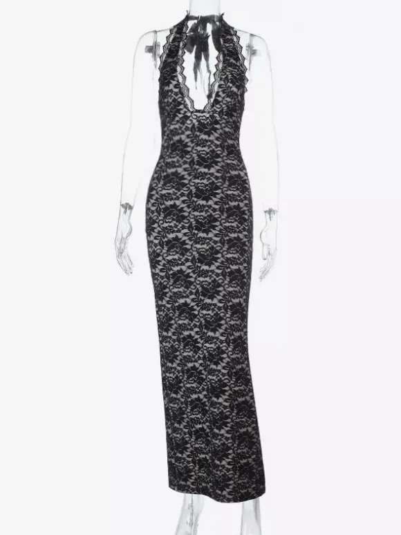 Robe longue pour femme en dentelle noire superposée - Robe dos nu à bretelles et doublure nude - Robe de soirée moulante et sexy 2026
